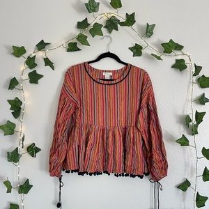 Amaryllis metallic pom pom striped boho blouse